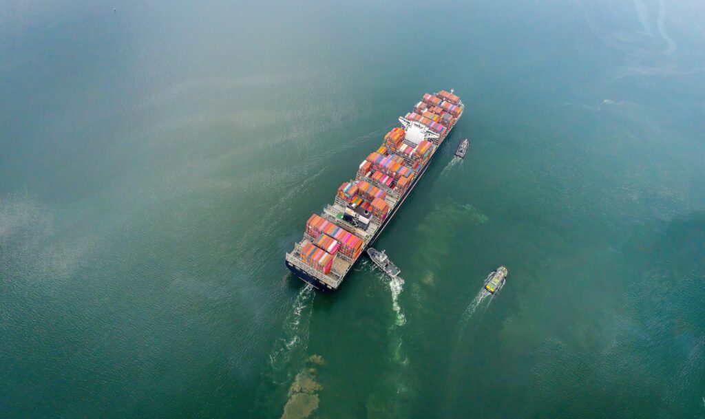 Aerial top view containers ship cargo business commercial trade logistic and transportation of inter