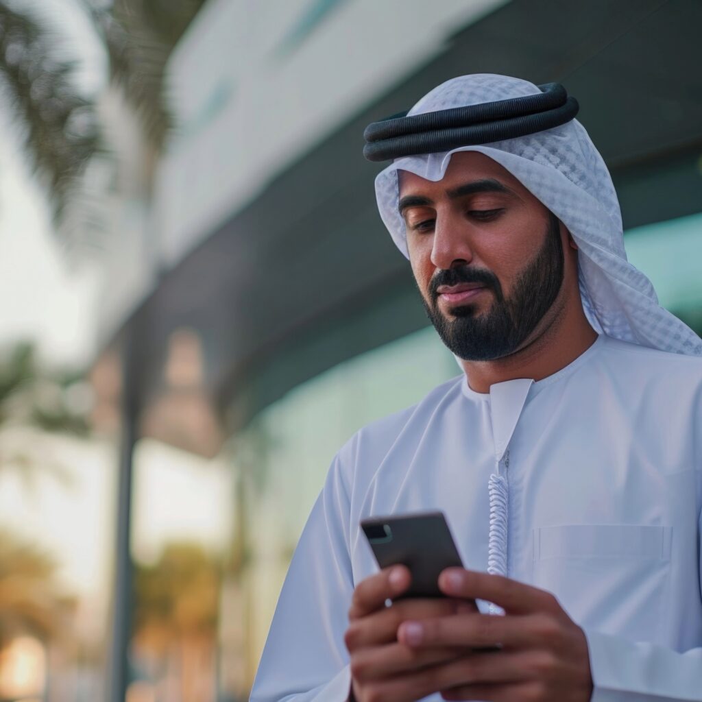 Emarati business man chatting on his mobile outside the building