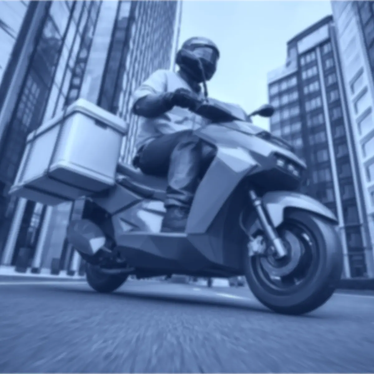 Delivery motorbike crossing city street with tall buildings around 
