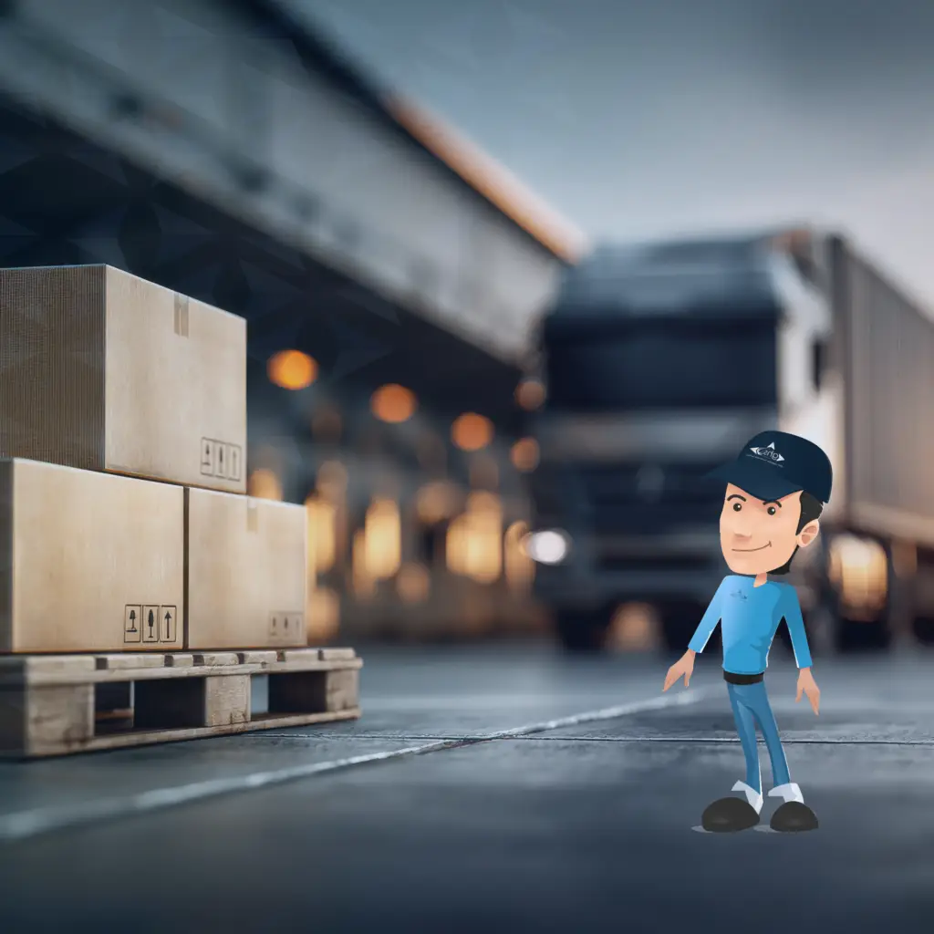 3 cartons on pallet on ground next to a warehouse and haulage track carrying container, added GHS Logistics Character named "Max Delon" - topic (IOR-EOR)