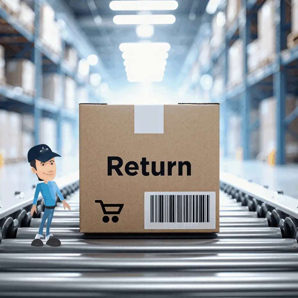 Box with return sign on rolling track inside a warehouse to demonstrate Return management in ECommerce