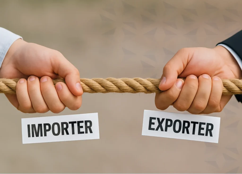 a rob pulled by two different hands , each hand has tag of Importer and the other is Exporter (IOR-EOR)