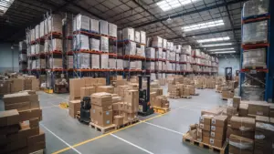 An inside photo of the warehouse shows the raking systems with empty space in front for pick and pack, move away ordered cartons or pallets to present How E-Commerce Fulfilment Works