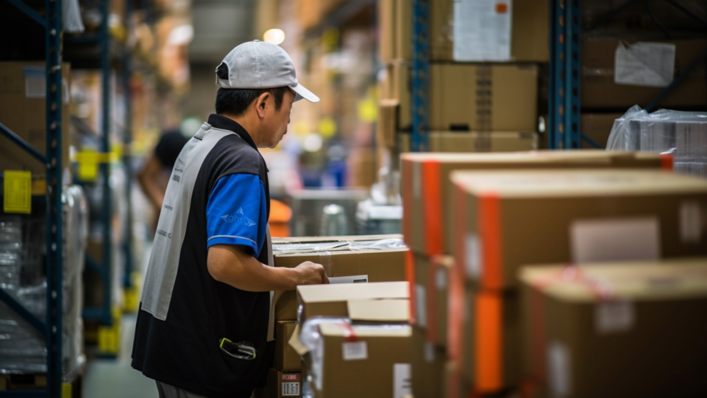 A store keeper inside warehouse trying to organise the return items to put it back into shelves - how e-ecommerce fulfilment works