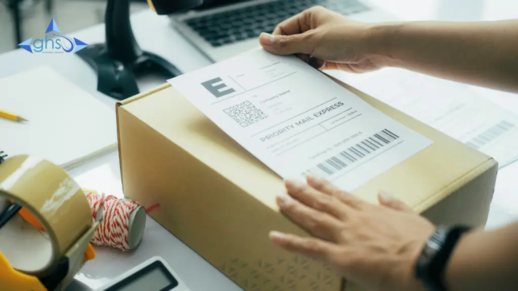 Delivery label is tagged on a package to for delivery prior handing over to courier company - in-house vs remote fulfilment UAE - by GHSL Fulfilment Centre